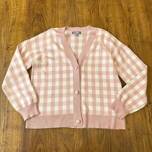 Marled pink gingham sweater cardigan